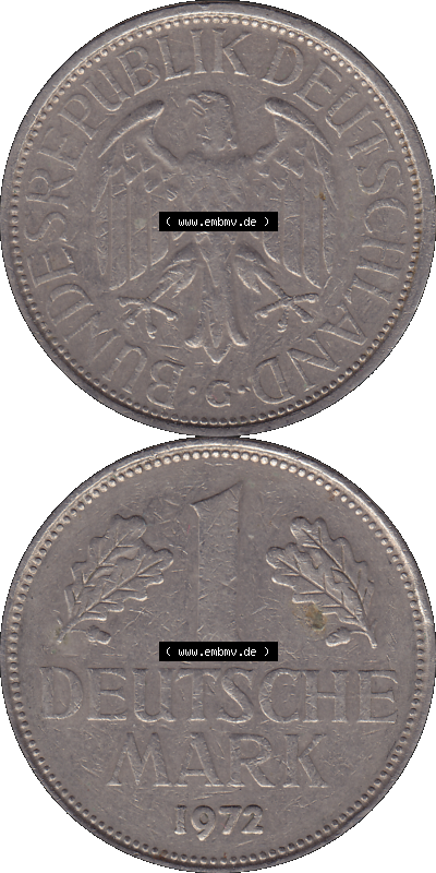 BRD Münzen 1 DM, Umlaufmünze 1950-2001, 1 / Eine DM - Eine Deutsche Mark, 1972 G-1. transparente PNG-Grafik der Münzen-Rückseite... Sammlung