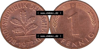 PNG 1950-2001, 1 Pfennig der BRD Deutschland 1972, 1970er Jahre Mzz. München D, 1 - Ein Pfennig Münze "D", mit Mzz. "D" für... Sammlung