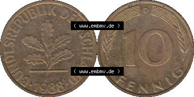BRD Münzen 10 Pf. Umlaufmünze in PNG 1950-2001, 10 Pfennig 1988 D-01. Vorderseite und Rückseite mit Wert-Zahl auf einen Bild... Sammlung