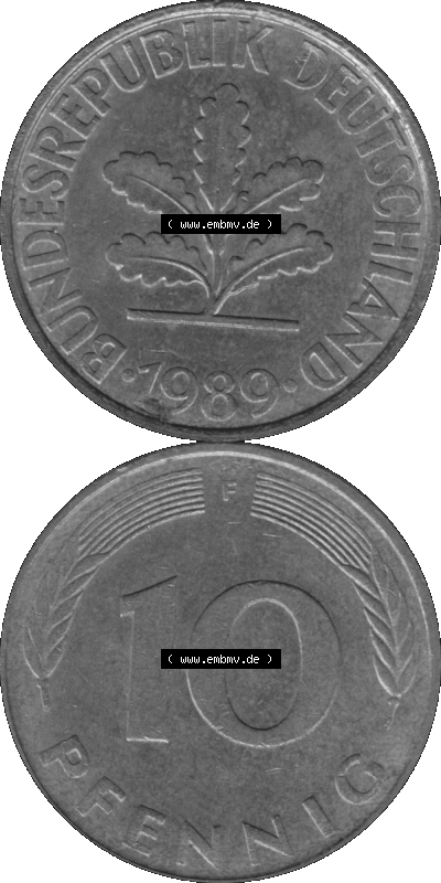 BRD Münzen 10 Pf. Umlaufmünze in PNG 1950-2001, 10 Pfennig 1989 F-01 Graustufen. Graues-Bild aus farbigen Bild erstellt mit... Sammlung