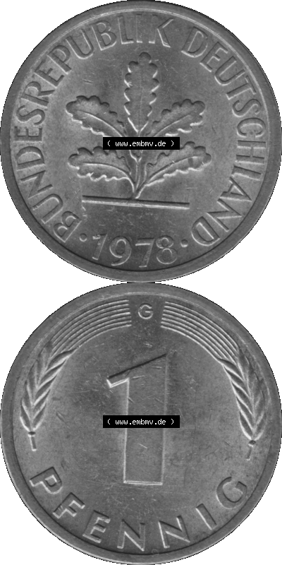 1 Pfennig BRD-Deutschland Umlaufmünze in Graustufen PNG 1950-2001, 1 Pfennig 1978, 1970er Jahre Münzstätte Karlsruhe G-01 Sammlung