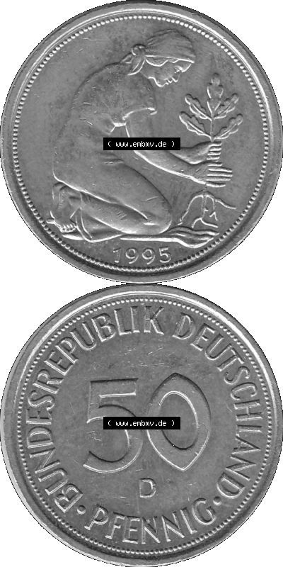 BRD Münzen Deutschland D 50 Pf. Umlaufmünze in Graustufen PNG 1950-2001, 50 Pfennig 1995 Münzzeichen "D" für München - "D" Sammlung