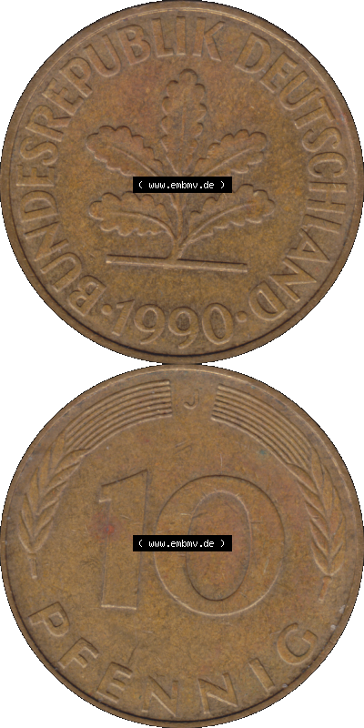 PNG 1950-2001, 10 Pfennig der Bundesrepublik Deutschland 1990 Münzstätte Hamburg Mzz. J Sammlung