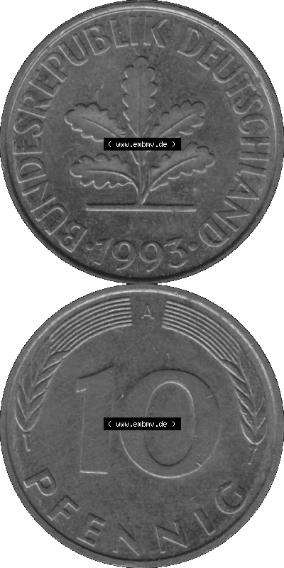 BRD Münzen 10 Pf. Umlaufmünze in PNG 1990-2001, 10 Pfennig 1993 A-01 Graustufen. Graustufen-Bilder mit Vorderseite und Rückseite... Sammlung
