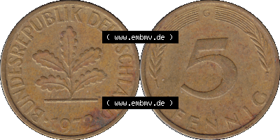 BRD Münzen 5 Pf., Umlaufmünze 1950-2001, 5 Pfennig, 1972 G-01. 5 Pfennig Münze der BRD-Jahre, Vorderseite und Rückseite mit... Sammlung