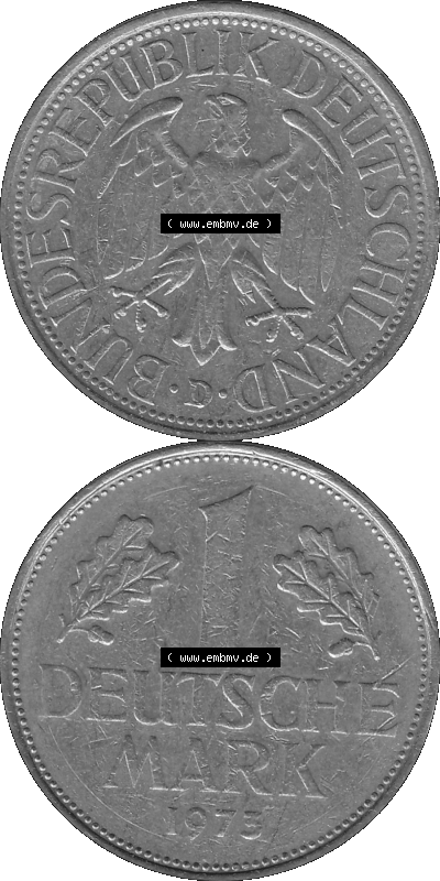 BRD Deutschland Münzen 1 / Eine DM / Eine Deutsche Mark in Graustufen PNG 1950-2001, 1 DM Deutsche Mark, 1973 Münzzeichen für... Sammlung