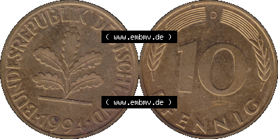 BRD Münzen 10 Pf. Umlaufmünze in PNG 1950-2001, 10 Pfennig 1994 D-03. Vorderseite und Rückseite mit Wert-Zahl auf einen Bild... Sammlung