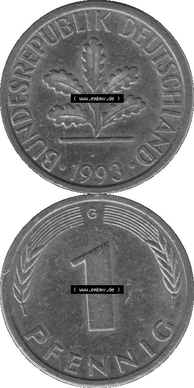 1 Pfennig BRD-Deutschland Umlaufmünze in Graustufen PNG 1950-2001, 1 Pfennig 1993, 1990er Jahre Münzstätte Karlsruhe G-01 Sammlung