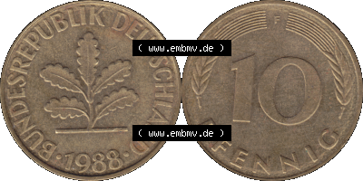 BRD Münzen 10 Pf. Umlaufmünze in PNG 1950-2001, 10 Pfennig 1988 F-01. Vorderseite und Rückseite mit Wert-Zahl auf einen Bild... Sammlung