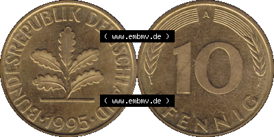 BRD Münzen 10 Pf. Umlaufmünze in PNG 1990-2001, 10 Pfennig 1995 A-01. Vorderseite und Rückseite mit Wert-Zahl auf einen Bild... Sammlung