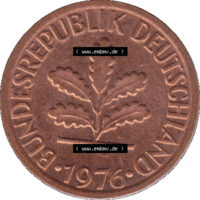 1 Pfennig Umlaufmünze in PNG 1950-2001, 1 Pfennig 1976, 1970er Jahre Stuttgart F, 1 / Ein - Pfennig BRD F, mit Mzz. F für Münzstätte... Sammlung