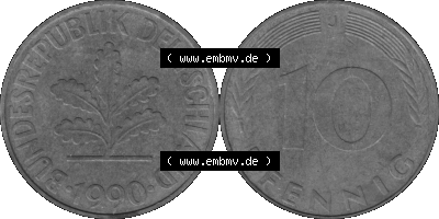 BRD Münzen 10 Pf. Umlaufmünze in PNG 1950-2001, 10 Pfennig 1990 J-02 Graustufen. Graustufen Bild aus zwei Bildern vom Scanner... Sammlung