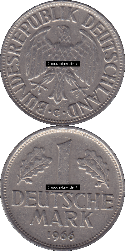 BRD Münzen 1 DM, Umlaufmünze 1950-2001, 1 / Eine DM - Eine Deutsche Mark, 1966 G-1. transparente PNG-Grafik der Münzen-Rückseite... Sammlung