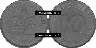 BRD Münzen 10 Pf. Umlaufmünze in PNG 1950-2001, 10 Pfennig 1989 J-12 Graustufen. Graustufen Bild aus zwei Bildern vom Scanner... Sammlung