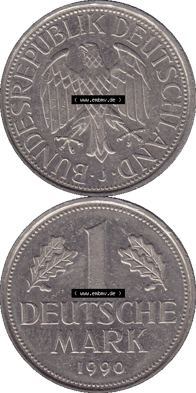 BRD Deutschland 1 / Eine DM - 1 Eine Deutsche Mark, 1990 Münzzeichen Hamburg Mzz J Sammlung