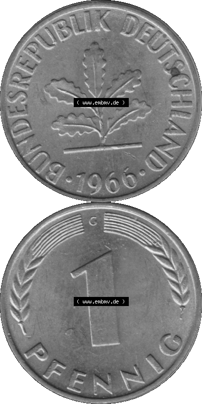 1 Pfennig BRD-Deutschland Umlaufmünze in Graustufen PNG 1950-2001, 1 Pfennig 1966, 1960er Jahre Münzstätte Karlsruhe G-01 Sammlung