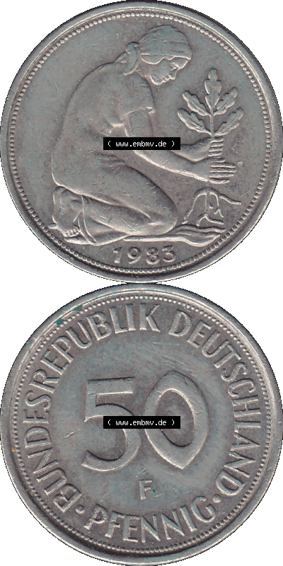 PNG 1950-2001, 50 Pfennig BRD Deutschland 1983 Münzstätte Stuttgart Mzz. F Sammlung