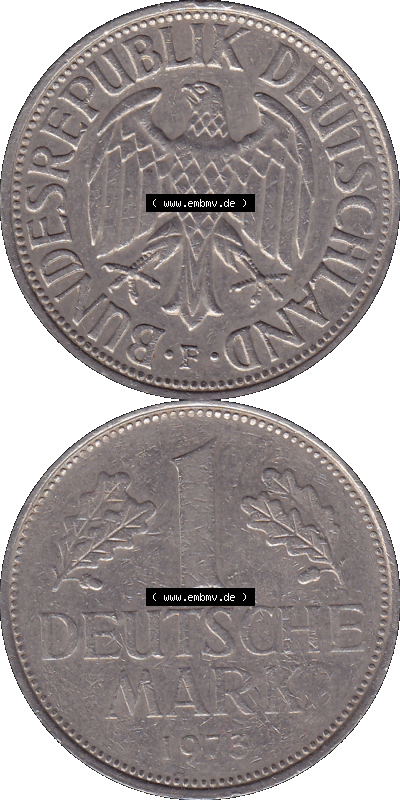 BRD Münzen 1 DM, Umlaufmünze 1950-2001, 1 / Eine DM - Eine Deutsche Mark, 1973 F-1. Münzen-Rückseite und Münzen-Vorderseite... Sammlung