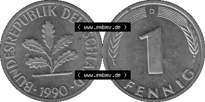 1 Pfennig Umlaufmünze in Graustufen PNG 1950-2001, 1 Pfennig 1990 München D Sammlung