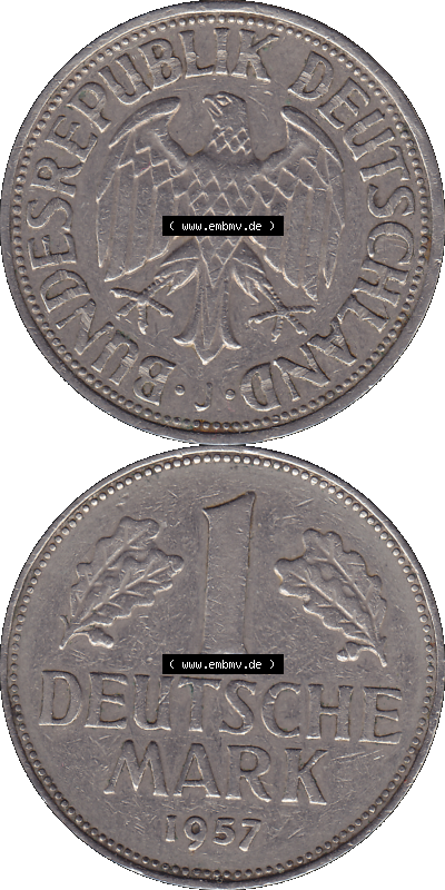 BRD Deutschland 1 / Eine DM - 1 Eine Deutsche Mark, 1957 Münzzeichen Hamburg Mzz J Sammlung