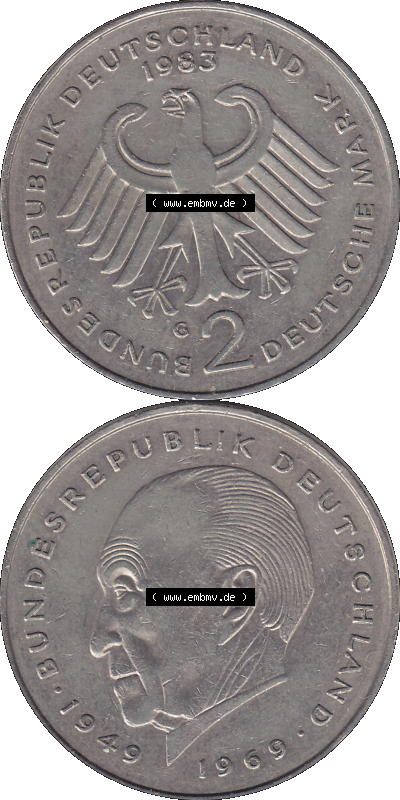 BRD Münzen 2 DM, Gedenkmünze 1969-1987, 2 DM, Deutsche Mark Konrad Adenauer 1983 G-1. Vorderseite und Rückseite mit Deutschen... Sammlung
