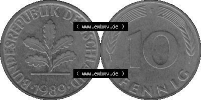 BRD Münzen 10 Pf. Umlaufmünze in PNG 1950-2001, 10 Pfennig 1989 F-02 Graustufen. Graustufen-Bild aus Farbigen Bilder mit Vorderseite... Sammlung