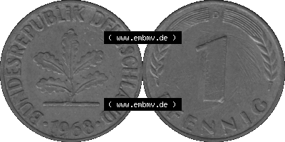 1 Pfennig Umlaufmünze in Graustufen PNG 1950-2001, 1 Pfennig 1968 München D Sammlung