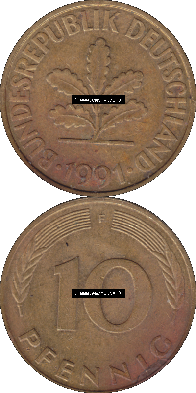 BRD Münzen 10 Pf. Umlaufmünze in PNG 1950-2001, 10 Pfennig 1991 F-07. Vorderseite und Rückseite auf einen Bild / Foto vertikal... Sammlung