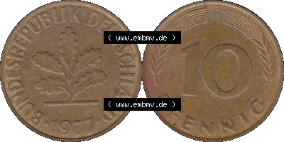 BRD Münzen 10 Pf. Umlaufmünze in PNG 1950-2001, 10 Pfennig 1977 D-01. Vorderseite und Rückseite mit Wert-Zahl auf einen Bild... Sammlung