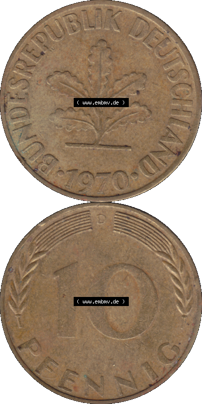 BRD Münzen 10 Pf. Umlaufmünze in PNG 1950-2001, 10 Pfennig 1970 D-01. Vorderseite und Rückseite auf einen Bild / Foto vertikal... Sammlung