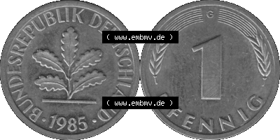 1 Pfennig BRD-Deutschland Umlaufmünze in Graustufen PNG 1950-2001, 1 Pfennig 1985, 1980er Jahre Münzstätte Karlsruhe G-01 Sammlung