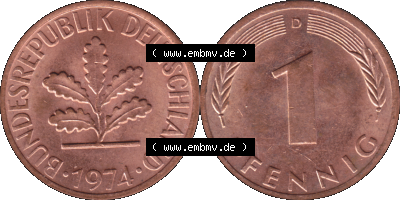 PNG 1950-2001, 1 Pfennig der BRD Deutschland 1974, 1970er Jahre Mzz. München D, 1 - Ein Pfennig Münze "D", mit Mzz. "D" für... Sammlung
