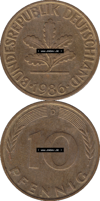 BRD Münzen 10 Pf. Umlaufmünze in PNG 1950-2001, 10 Pfennig 1986 D-07. Vorderseite und Rückseite auf einen Bild / Foto vertikal... Sammlung