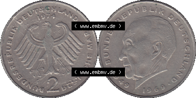 PNG 1969-1987, 2 DM, Deutsche Mark Konrad Adenauer 1974 Münzzeichen Mzz Stuttgart F Sammlung