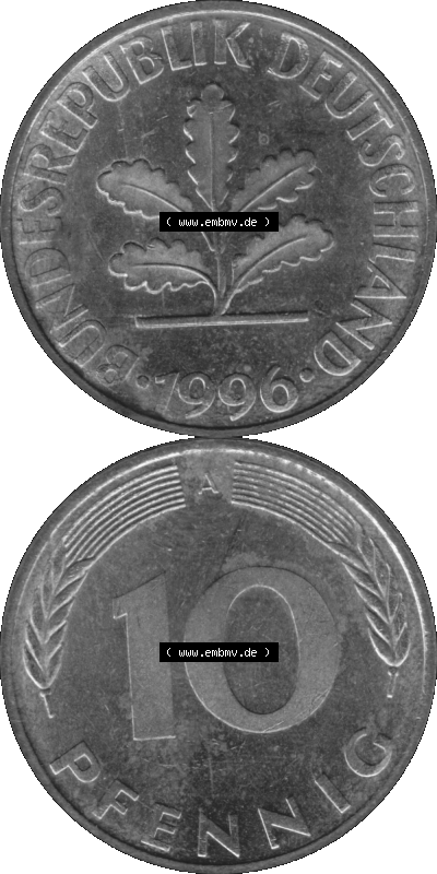 BRD Münzen 10 Pf. Umlaufmünze in PNG 1990-2001, 10 Pfennig 1996 A-02 Graustufen. Graustufen-Bilder mit Vorderseite und Rückseite... Sammlung