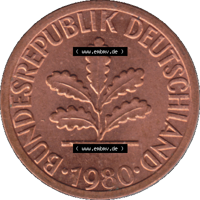 1 Pfennig Umlaufmünze in PNG 1950-2001, 1 Pfennig 1980, 1980er Jahre Stuttgart F, 1 / Ein - Pfennig BRD F, mit Mzz. F für Münzstätte... Sammlung