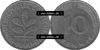 BRD Münzen 10 Pf. Umlaufmünze in PNG 1950-2001, 10 Pfennig 1990 D-01 Graustufen. Graustufen-Bilder der Vorderseite und Rückseite... Sammlung