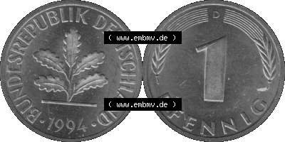 1 Pfennig Umlaufmünze in Graustufen PNG 1950-2001, 1 Pfennig 1994 München D Sammlung