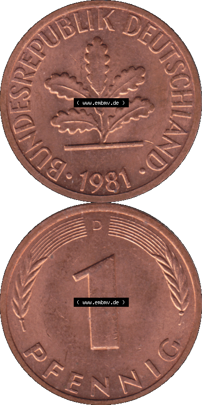 PNG 1950-2001, 1 Pfennig der BRD Deutschland 1981, 1980er Jahre Mzz. München D, 1 - Ein Pfennig Münze "D", mit Mzz. "D" für... Sammlung