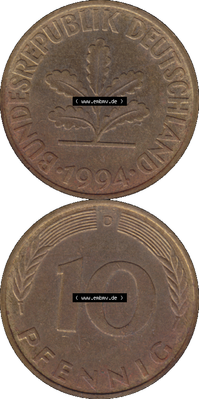 BRD Münzen 10 Pf. Umlaufmünze in PNG 1950-2001, 10 Pfennig 1994 D-01. Vorderseite und Rückseite auf einen Bild / Foto vertikal... Sammlung
