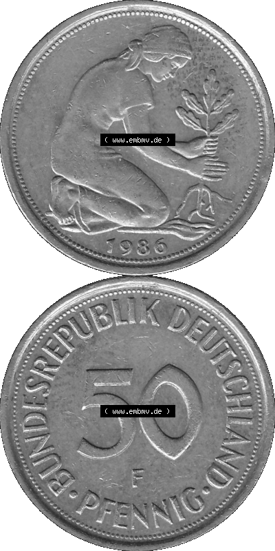 BRD Münzen Deutschland F 50 Pf. Umlaufmünze in Graustufen PNG 1950-2001, 50 Pfennig 1986 Münzzeichen "F" für Stuttgart - "F" Sammlung