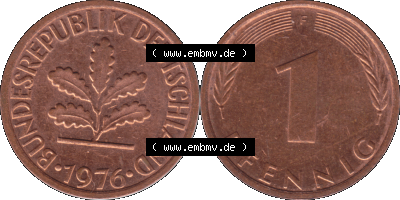 1 Pfennig Umlaufmünze in PNG 1950-2001, 1 Pfennig 1976, 1970er Jahre Stuttgart F, 1 / Ein - Pfennig BRD F, mit Mzz. F für Münzstätte... Sammlung