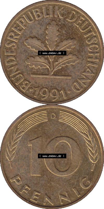 BRD Münzen 10 Pf. Umlaufmünze in PNG 1950-2001, 10 Pfennig 1991 D-01. Vorderseite und Rückseite auf einen Bild / Foto vertikal... Sammlung