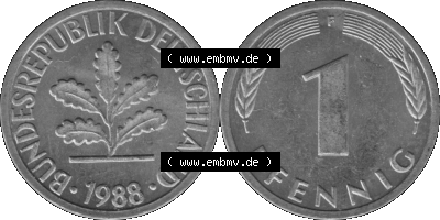 1 Pfennig Umlaufmünze in Graustufen PNG 1950-2001, 1 Pfennig 1988, 1980er Jahre Mzz. F Sammlung