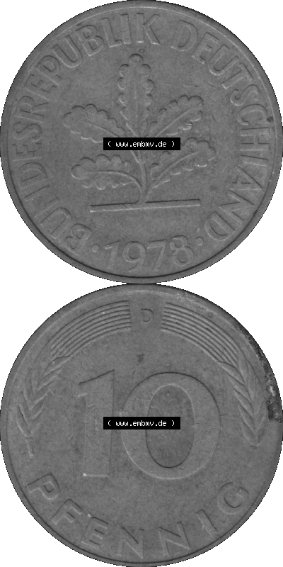 BRD Münzen 10 Pf. Umlaufmünze in PNG 1950-2001, 10 Pfennig 1978 D-01 Graustufen. Graustufen-Bild erstellt aus Farbigen Bild... Sammlung