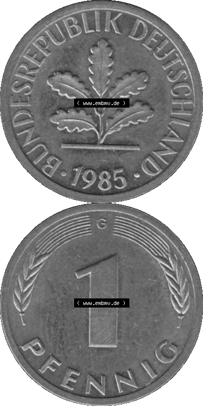 1 Pfennig BRD-Deutschland Umlaufmünze in Graustufen PNG 1950-2001, 1 Pfennig 1985, 1980er Jahre Münzstätte Karlsruhe G-01 Sammlung