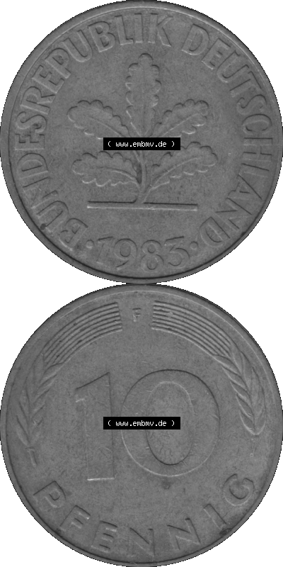 BRD Münzen 10 Pf. Umlaufmünze in PNG 1950-2001, 10 Pfennig 1985 F-01 Graustufen. Graues-Bild aus farbigen Bild erstellt mit... Sammlung