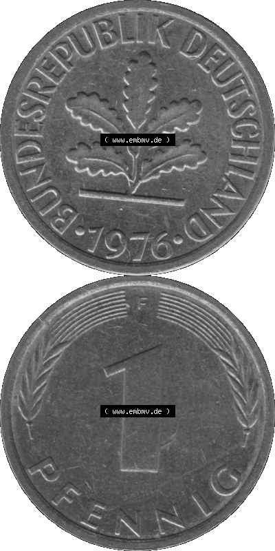 1 Pfennig Umlaufmünze in Graustufen PNG 1950-2001, 1 Pfennig 1976, 1970er Jahre Mzz. F Sammlung