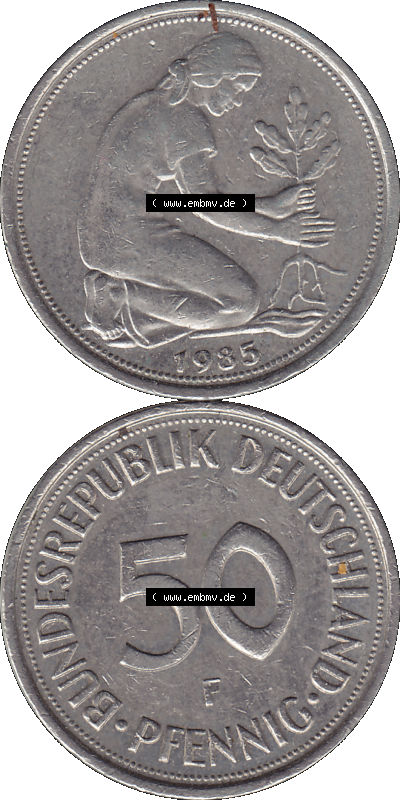 PNG 1950-2001, 50 Pfennig BRD Deutschland 1985 Münzstätte Stuttgart mit Mzz. F Sammlung