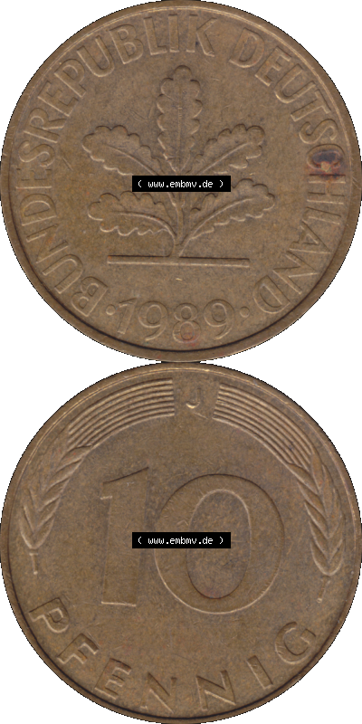 PNG 1950-2001, 10 Pfennig der Bundesrepublik Deutschland 1989 Münzstätte Hamburg Mzz. J Sammlung